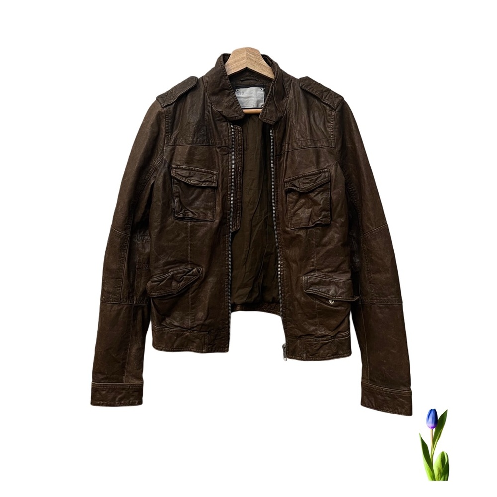 Q 40 Anthropologie Women's Classic Brown Aviator Leather Jacket